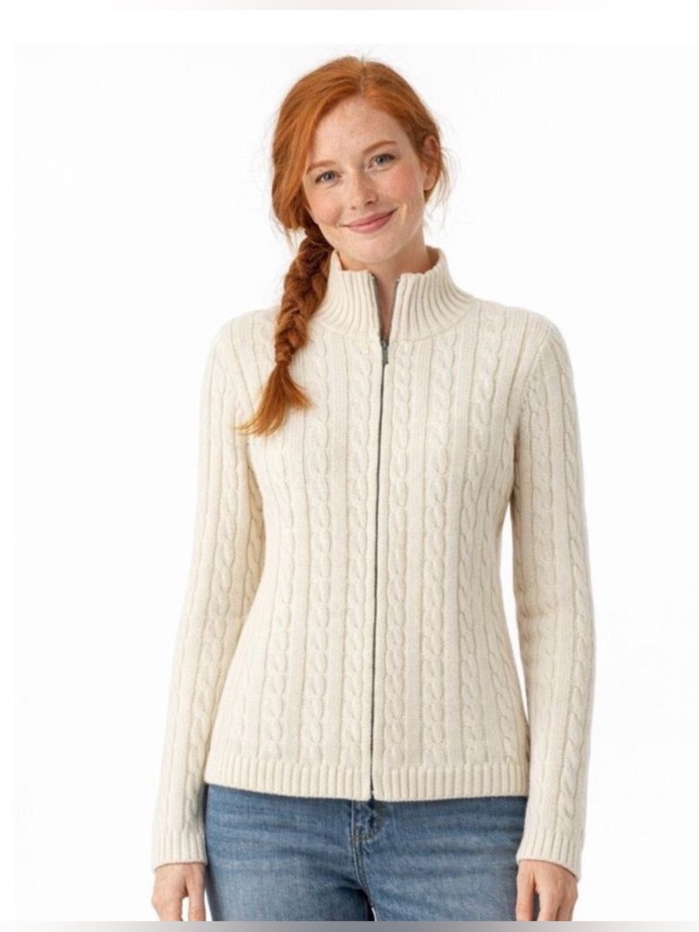 L.L. Bean Cream Cable Knit full zip Cardigan size large